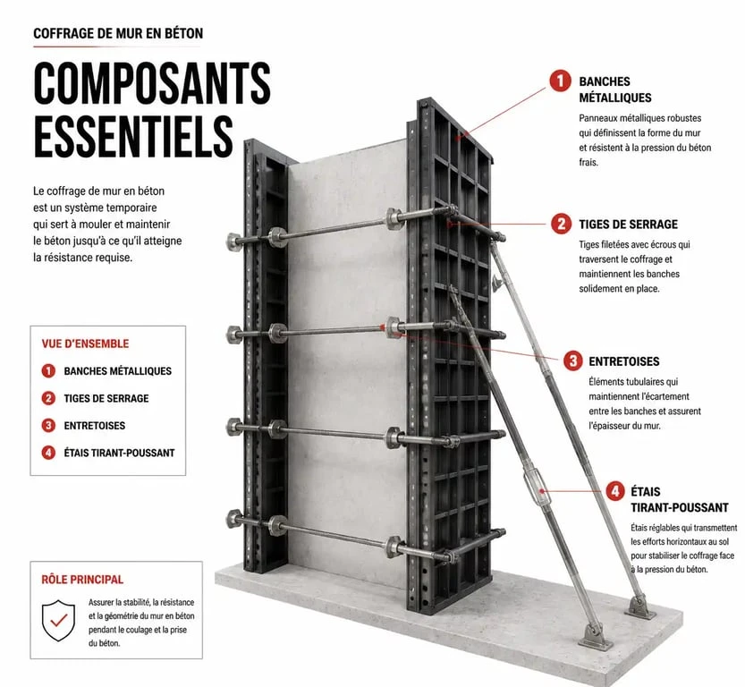 Schéma des composants d'un coffrage mur en béton