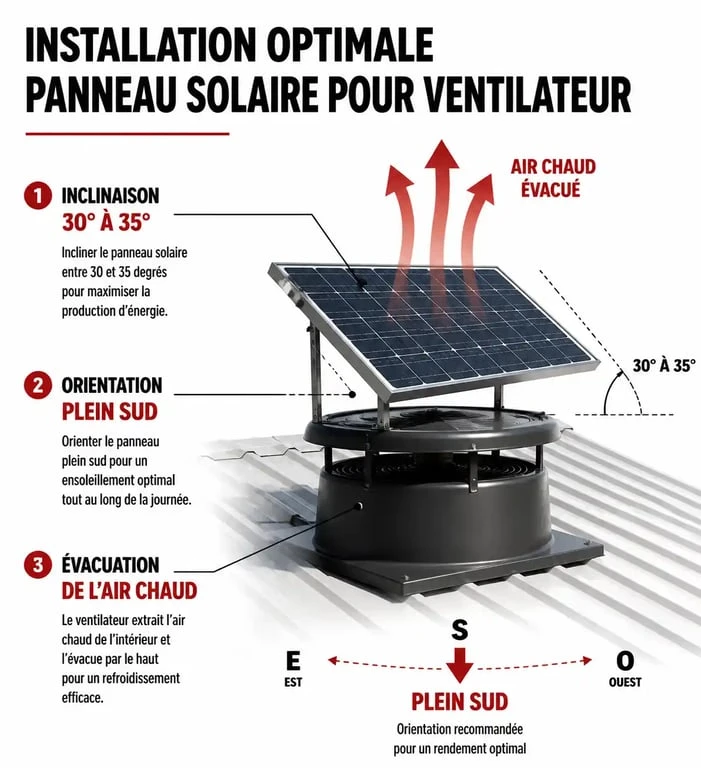 Schéma d'installation optimale d'un ventilateur panneau solaire avec inclinaison et orientation