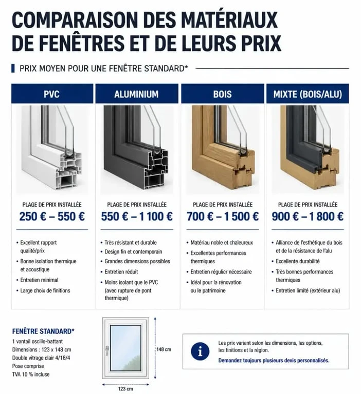 Comparatif des prix de remplacement de fenêtre par matériau : PVC, aluminium, bois et mixte