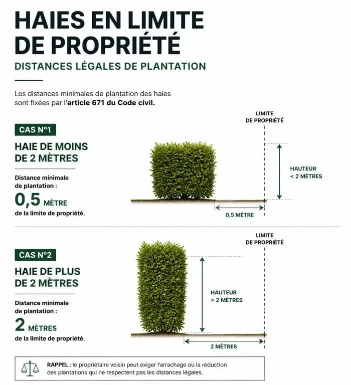 Schéma explicatif des distances légales de plantation pour une haie entre voisins