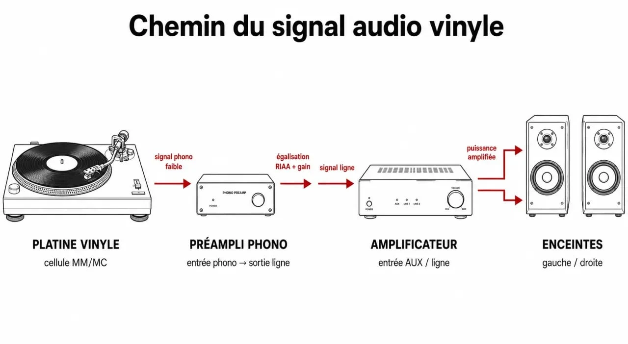 Schéma de branchement d'une platine vinyle avec enceintes pour une installation audio optimale