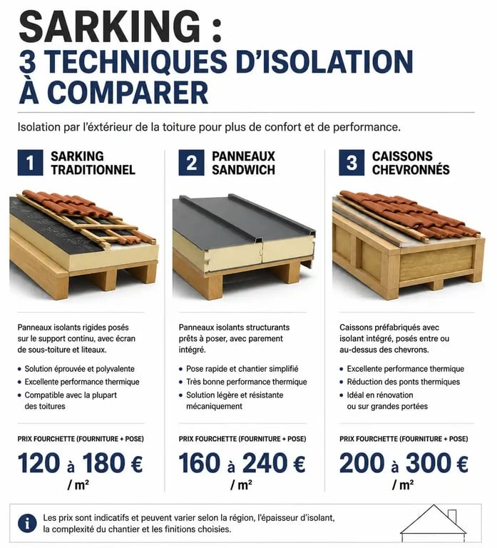 Comparatif des prix au m² pour l'isolation de toiture par sarking selon la technique utilisée