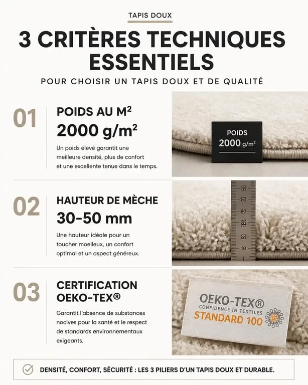 Infographie des critères de qualité pour choisir un tapis doux et confortable