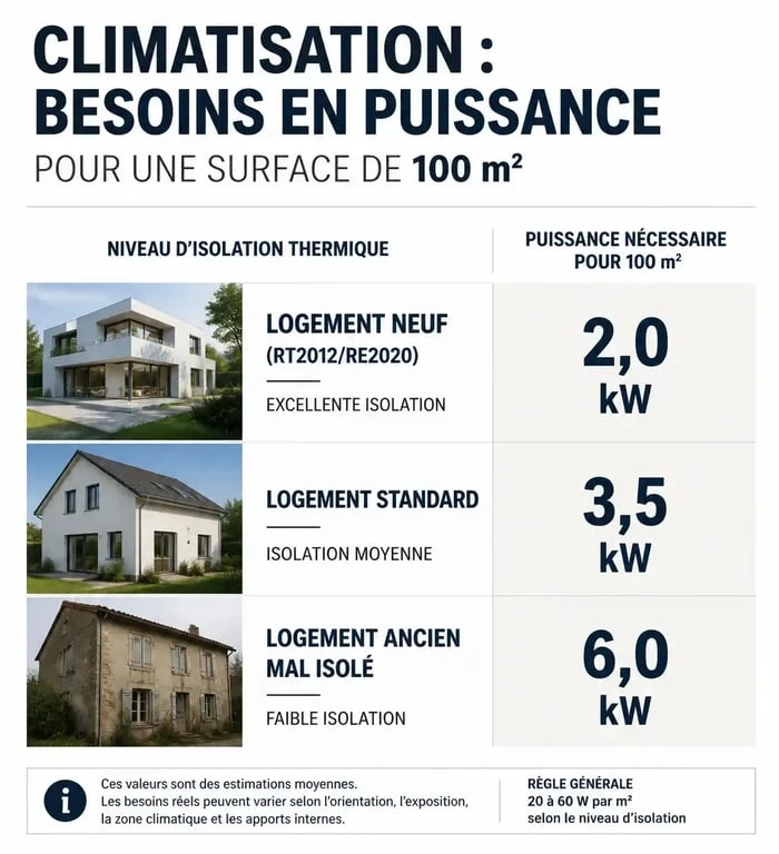 Infographie montrant la puissance de climatisation nécessaire pour 100m2 selon l'isolation