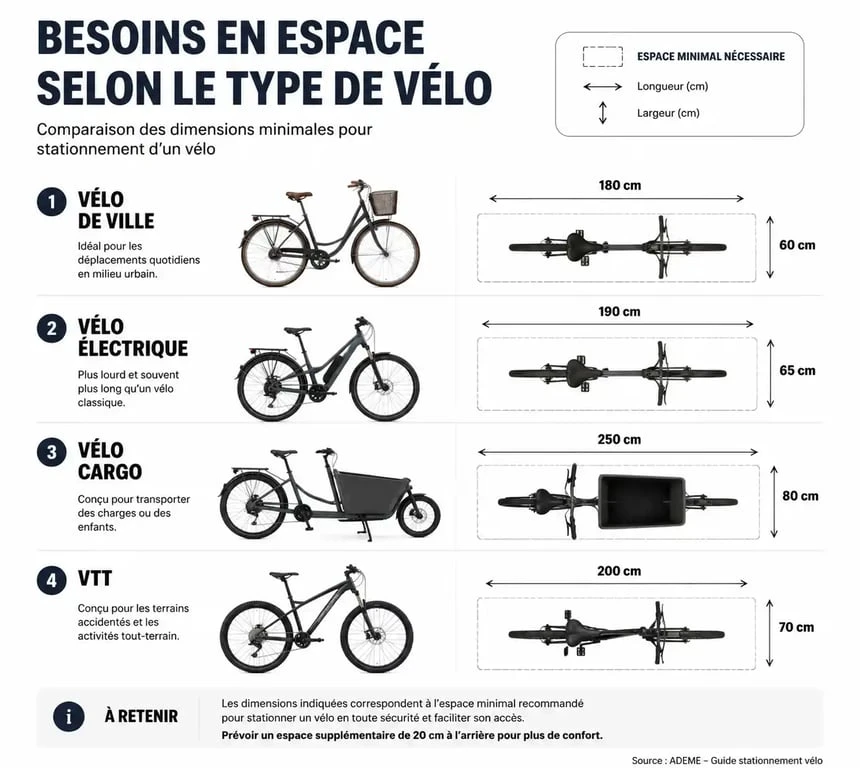 Infographie des dimensions recommandées pour un abri vélo selon le type de vélo