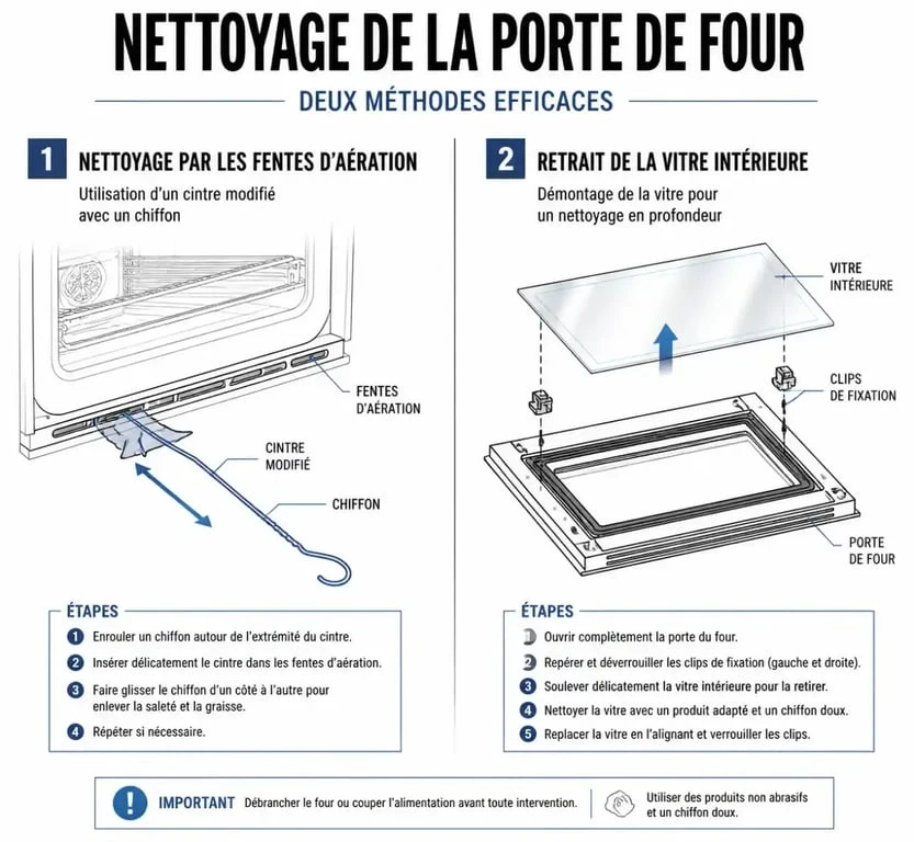 Schéma explicatif pour nettoyer la porte du four entre les 2 vitres : méthode du cintre et démontage de la vitre