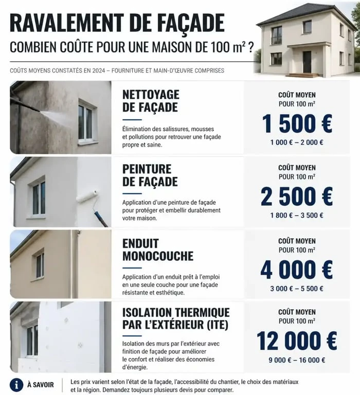 Infographie des prix moyens pour un ravalement de façade d'une maison de 100m2