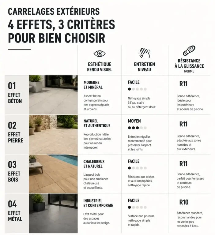 Comparatif des types de carrelage terrasse moderne : béton, pierre, bois et métal