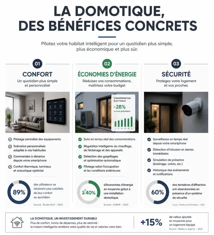 Infographie des bénéfices d'un système domotique : confort, économies et sécurité