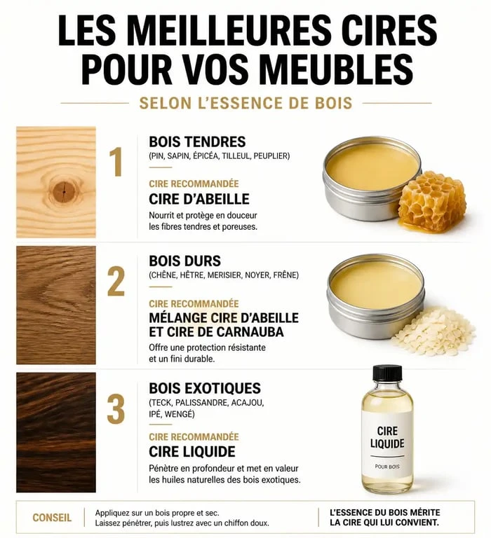 Infographie comparative des meilleures cires pour meubles selon le type de bois