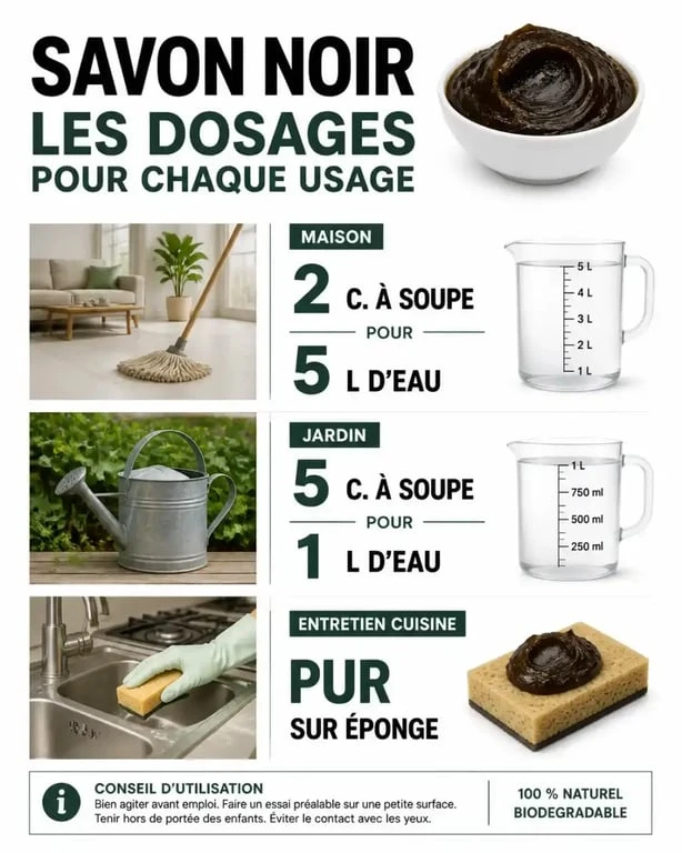 Infographie des dosages recommandés pour l'utilisation du savon noir à la maison et au jardin
