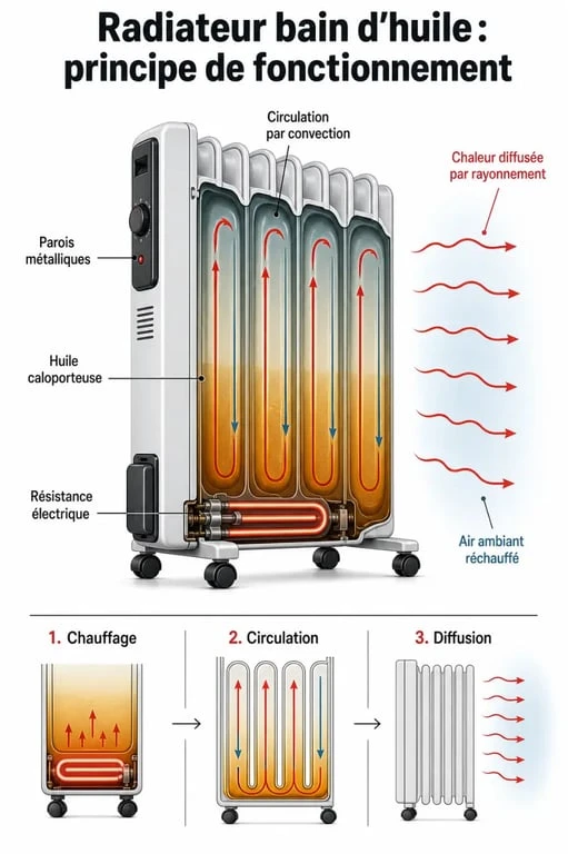 Fonctionnement d'un radiateur bain d'huile basse consommation et inertie thermique