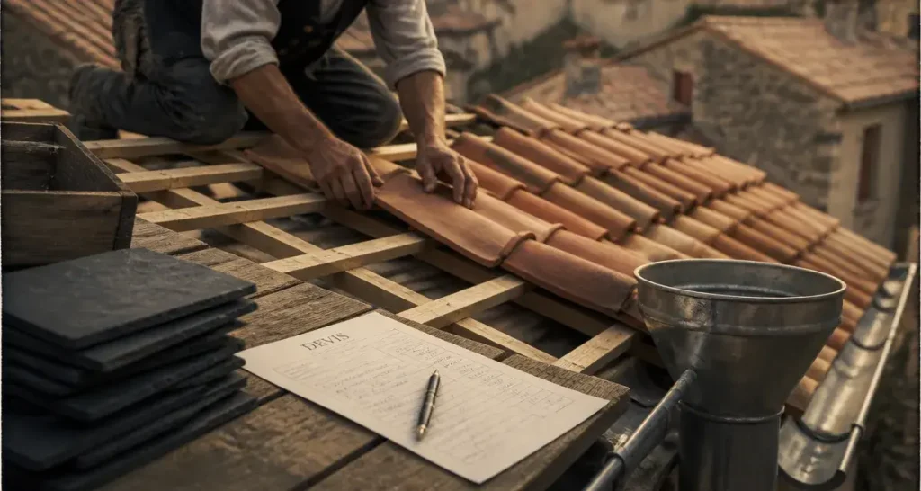 Prix d une toiture 100m2 : pose de tuiles terre cuite sur chantier