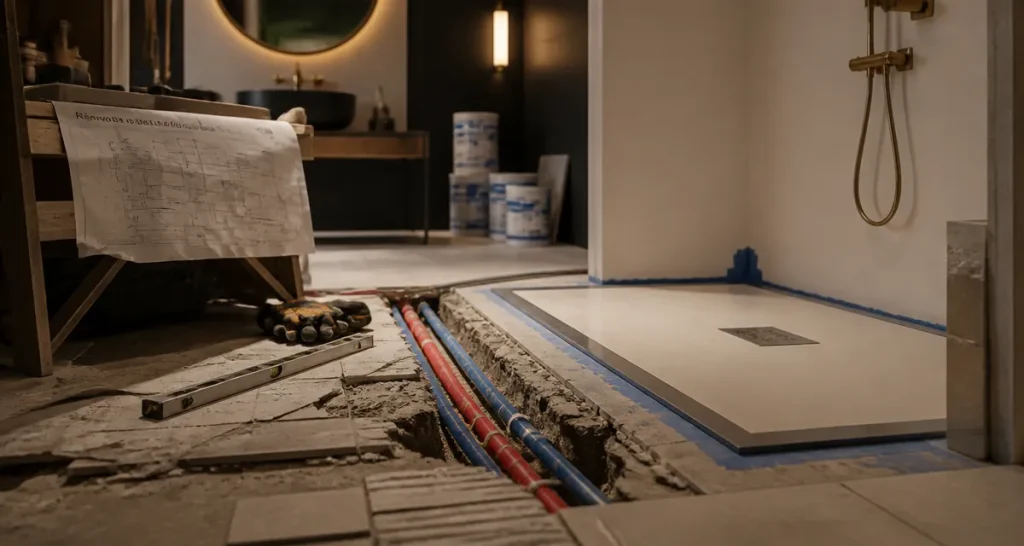 Renover une salle de bain : douche à l’italienne en chantier avec étanchéité et carrelage posé
