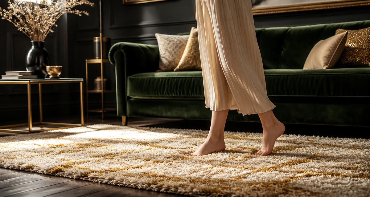 tapis doux crème or sur parquet foncé