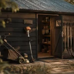 Cabane à outil de jardin en bois avec outils rangés et porte ouverte