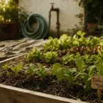 Comment faire un potager quand on débute : carré potager 1,20 m, terre paillée et jeunes plants