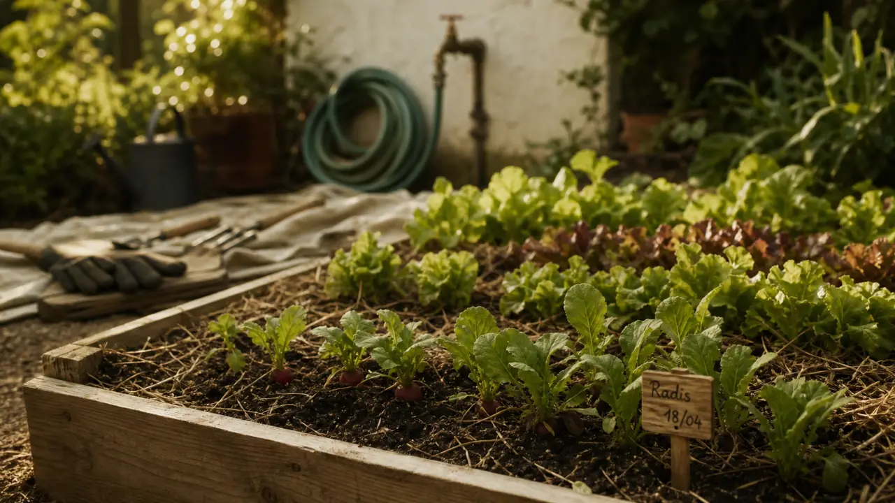 Comment faire un potager quand on débute : carré potager 1,20 m, terre paillée et jeunes plants