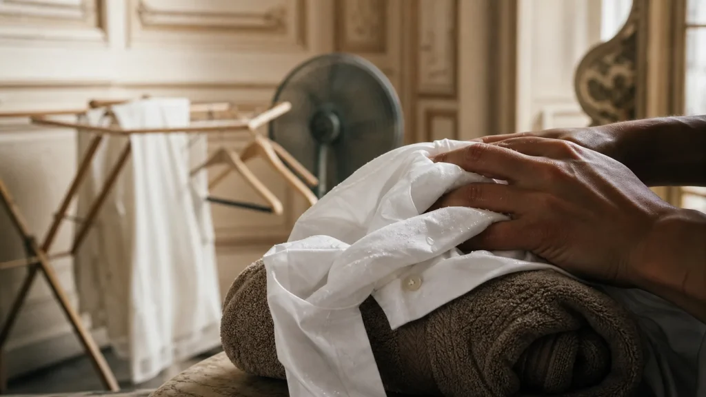 Comment sécher un vêtement rapidement sans sèche linge : chemise essorée sur serviette, air et ventilation
