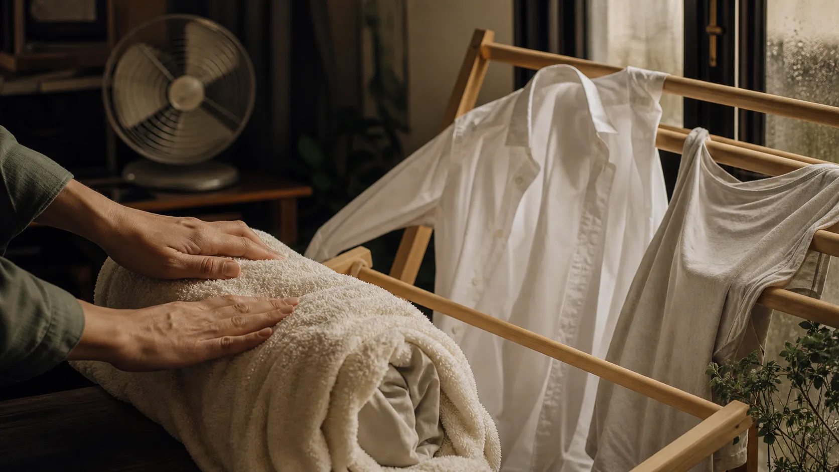 Comment sécher un vêtement rapidement sans sèche linge : essorage et air, serviette sur étendoir près d’une fenêtre ventilée