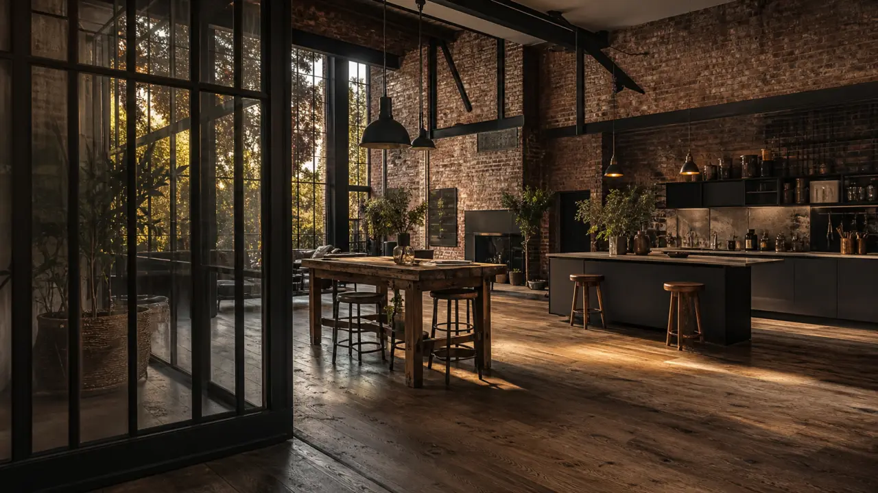 Loft industriel réhabilité aux briques apparentes, verrière en acier et grande hauteur sous plafond
