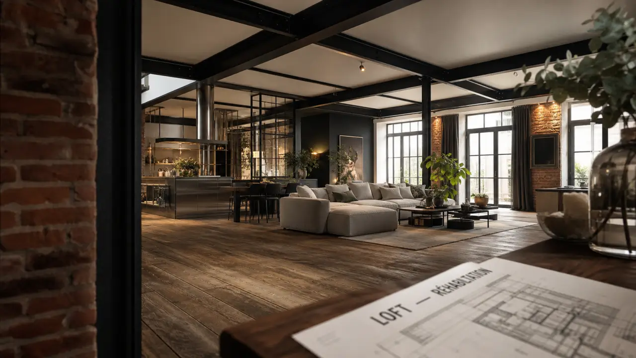 Définition d un loft : salon décloisonné, verrière et briques apparentes