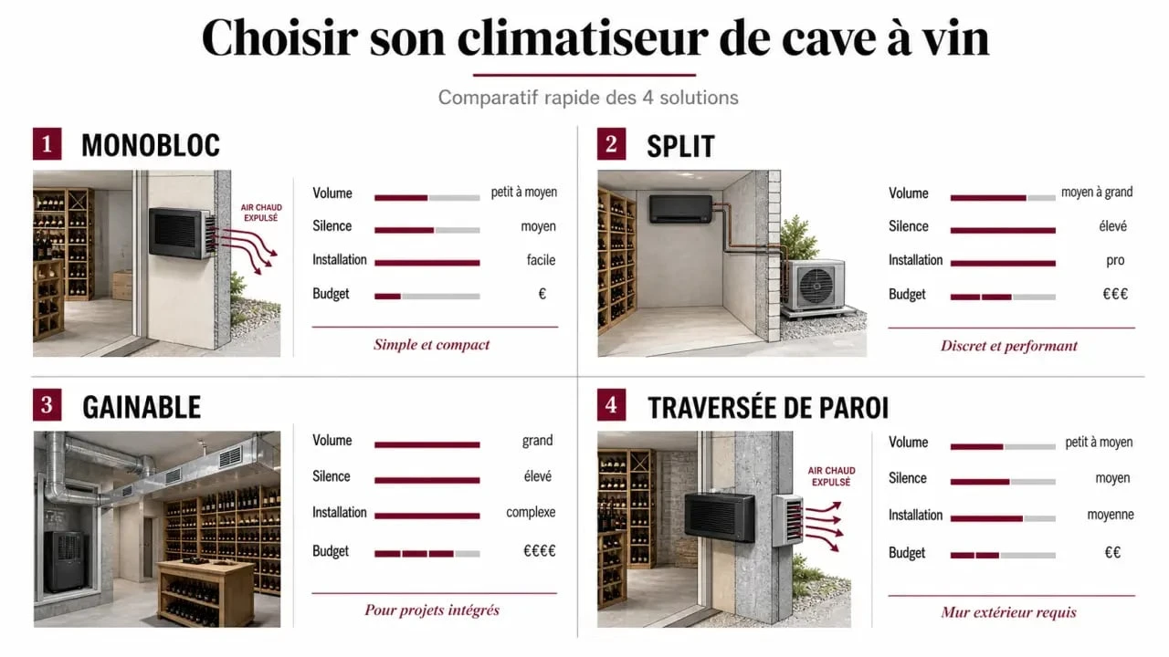 Climatiseur cave à vin : comparaison visuelle monobloc, split, gainable et traversée de paroi