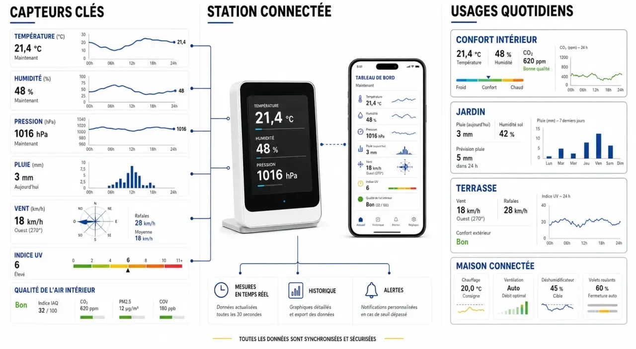 Station meteo connectée : infographie éditoriale sur les capteurs, les usages et les critères de choix