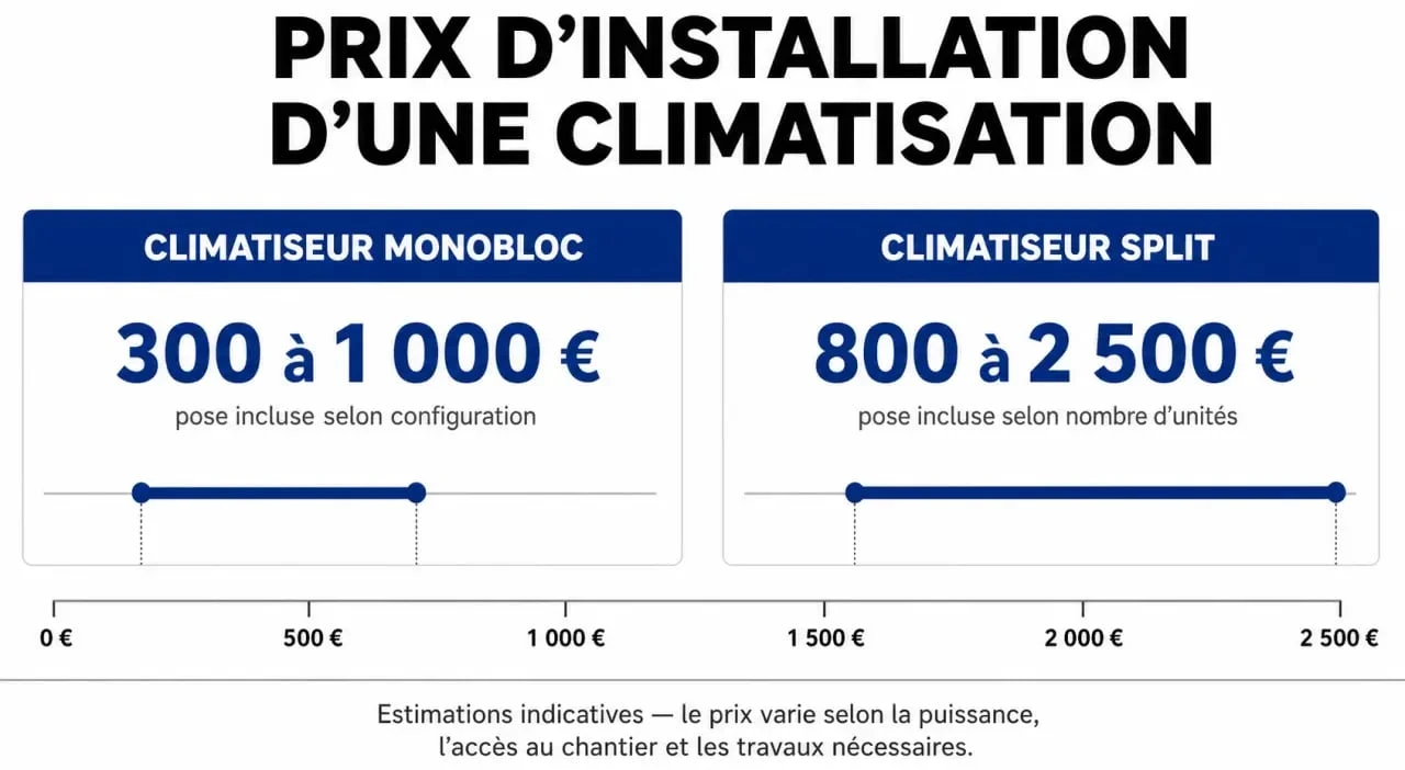 Infographie comparative des prix de pose de climatisation Brico Dépôt pour modèles monobloc et split