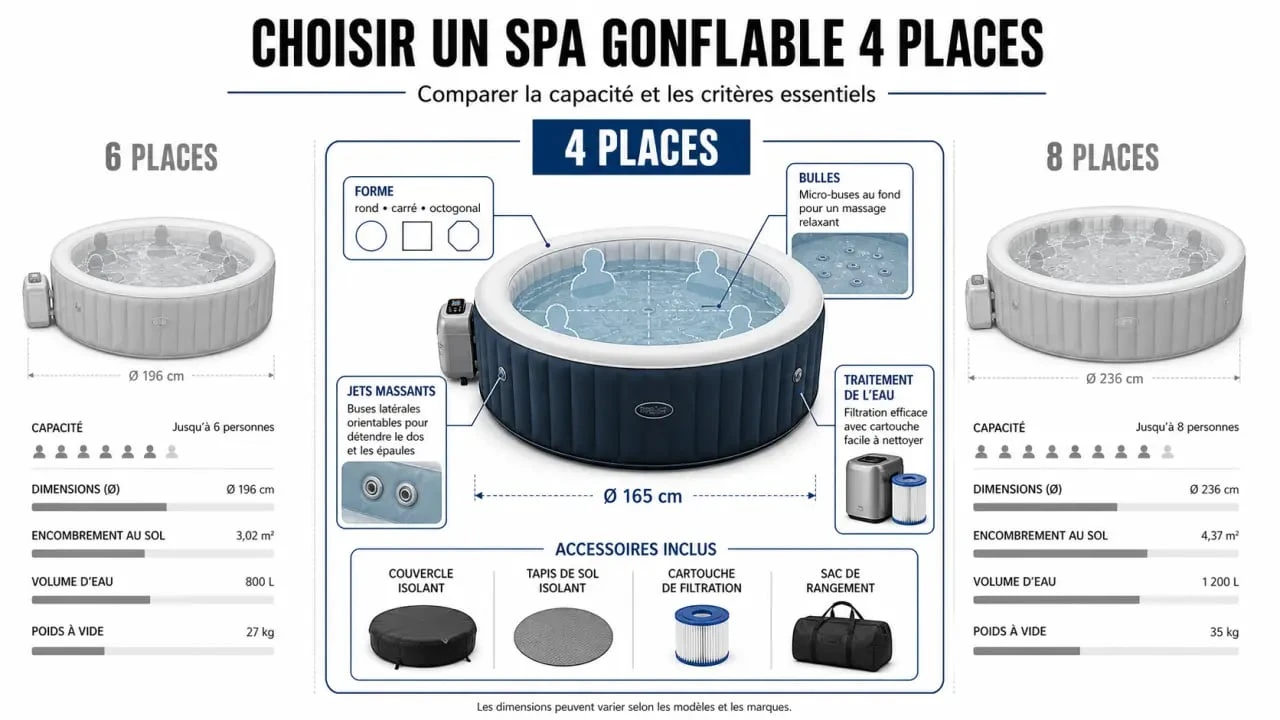 Spa gonflable 4 places : illustration comparative entre 4, 6 et 8 places pour choisir le bon format