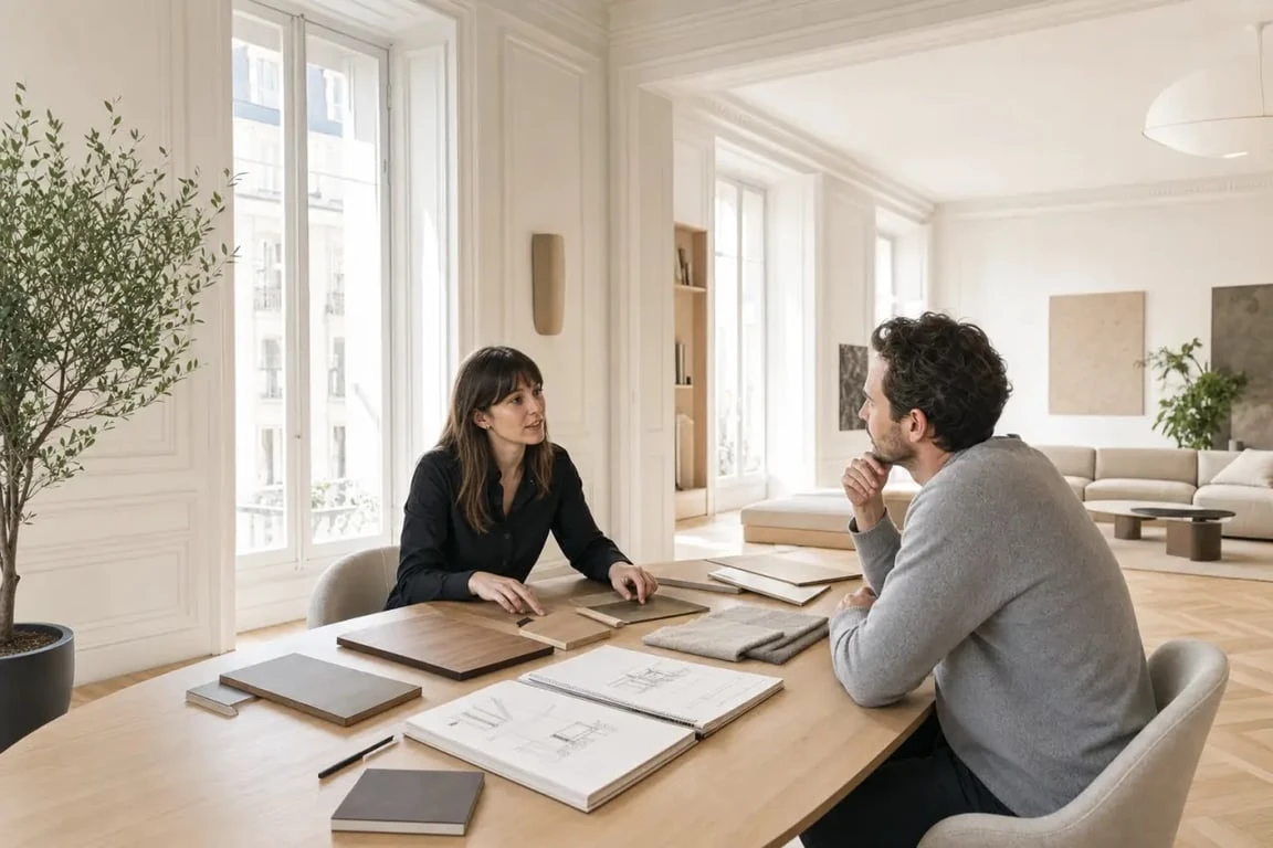 Architecte d’intérieur Angers : intérieur rénové avec plans et échantillons de matériaux