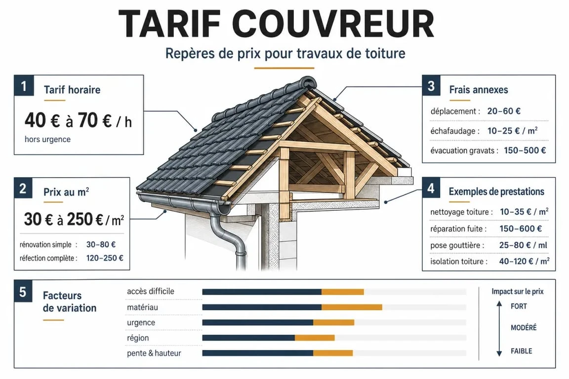 Tarif couvreur : infographie sur les prix, les facteurs de variation et les frais annexes