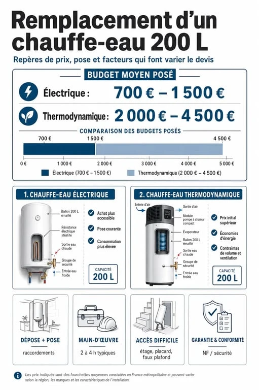 Tarif remplacement chauffe-eau 200L : comparaison des prix, de la pose et des facteurs de coût