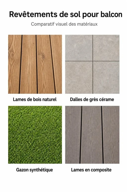 Comparatif visuel des différents types de revêtement de sol pour balcon : bois, carrelage, gazon et composite.