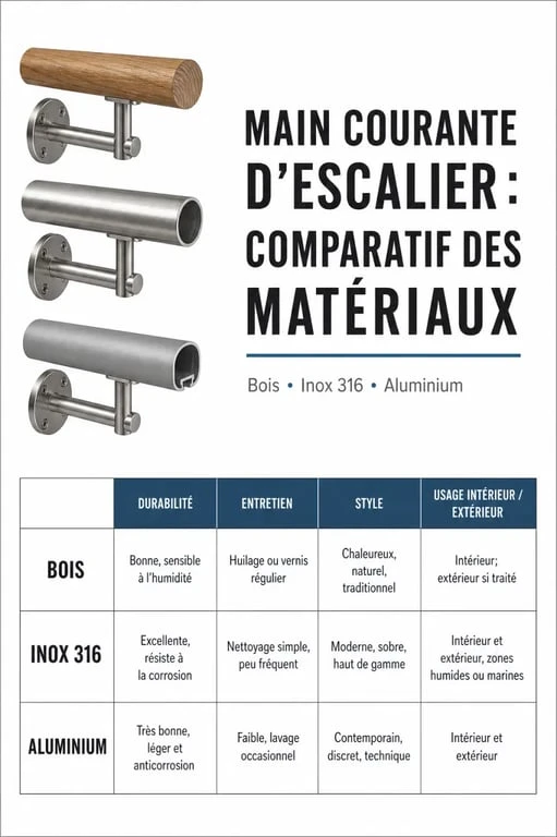 Tableau comparatif des matériaux pour main courante escalier : bois, inox et aluminium