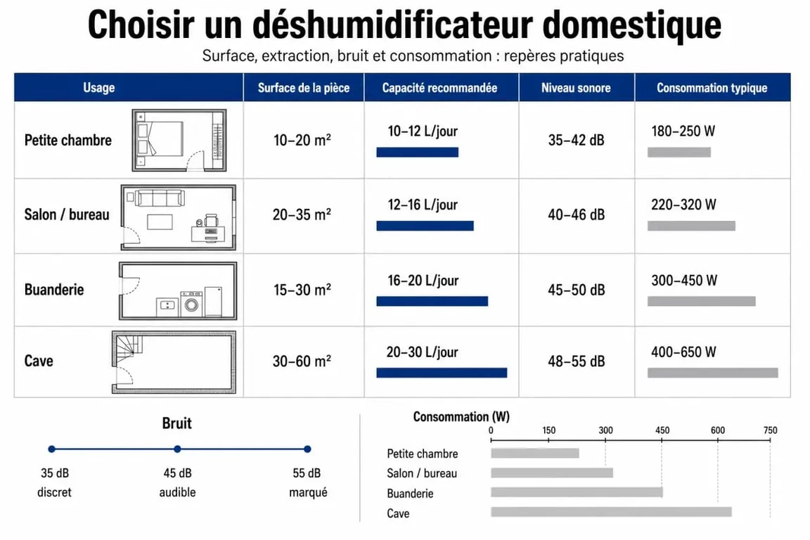 Infographie de test déshumidificateur 60 millions comparant capacité, bruit et consommation selon la surface
