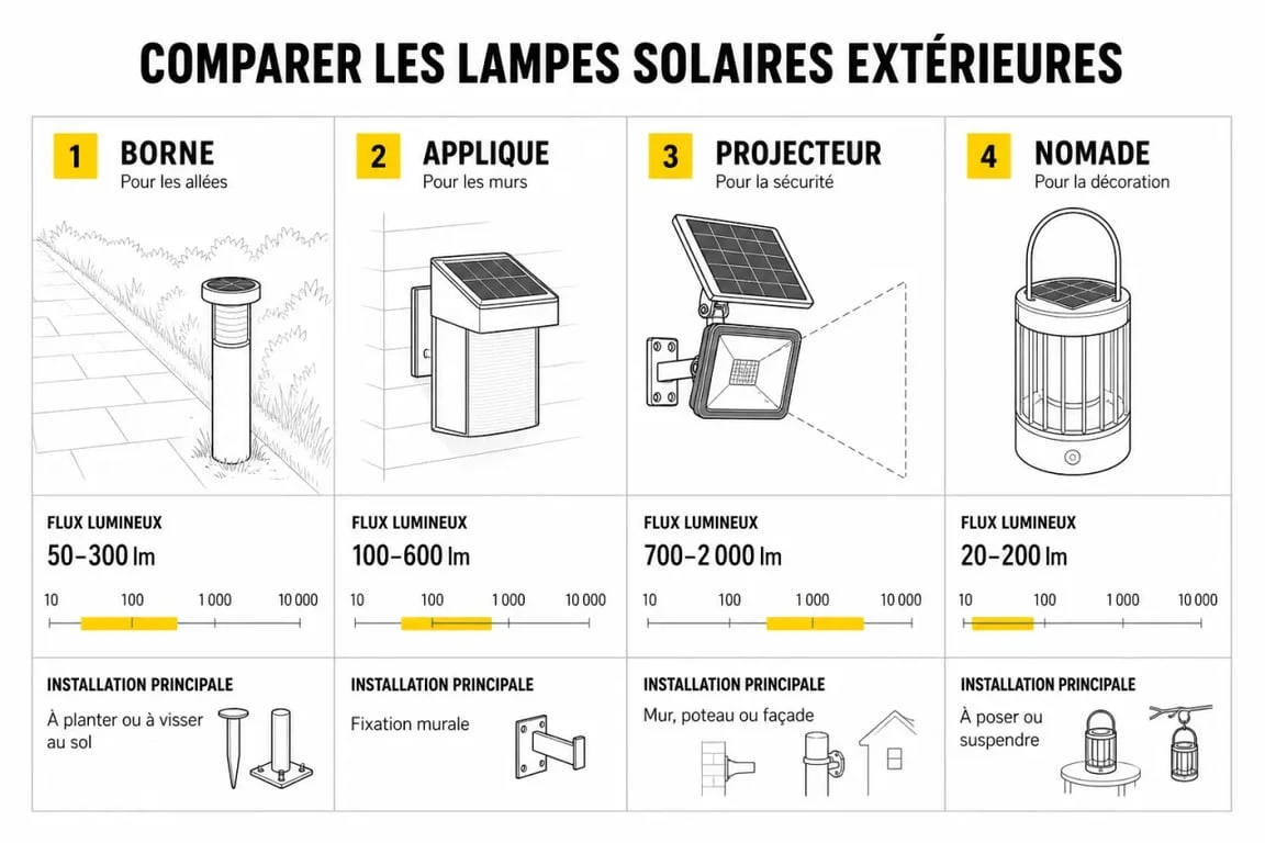 Comparatif des types de lampes soleil pour l'extérieur : bornes, appliques, projecteurs et lampes nomades selon leur usage et luminosité.