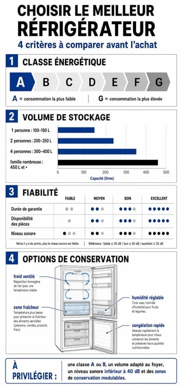 Infographie des critères pour choisir le meilleur réfrigérateur selon vos besoins