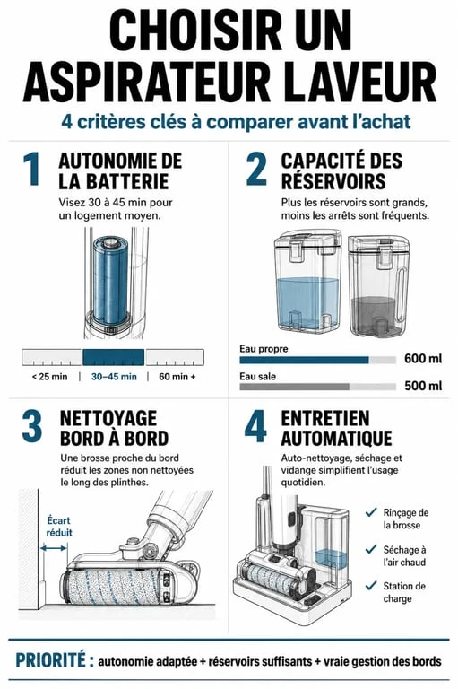 Infographie des critères de choix pour le meilleur aspirateur laveur 2026
