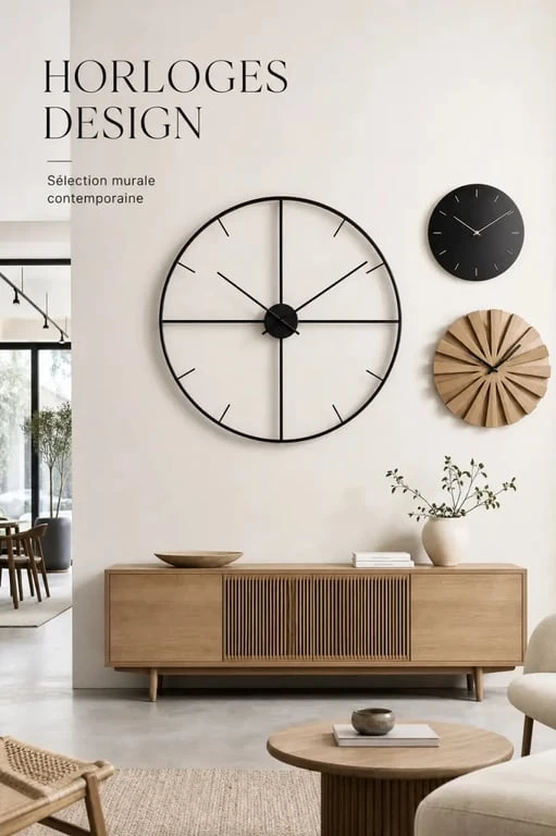 Horloges design dans un salon contemporain avec grande horloge murale en métal noir