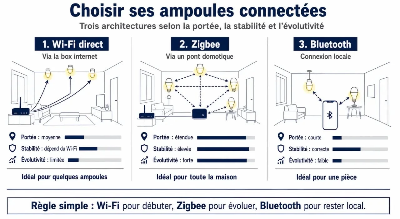 Comment choisir ses ampoules connectées : schéma Wi‑Fi, Zigbee et Bluetooth pour comprendre la compatibilité et l'installation