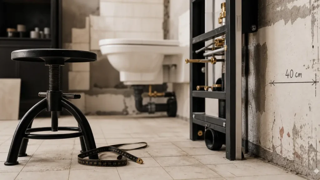 Hauteur toilette suspendu : repère 40 cm WC PMR et enfant sur bâti-support
