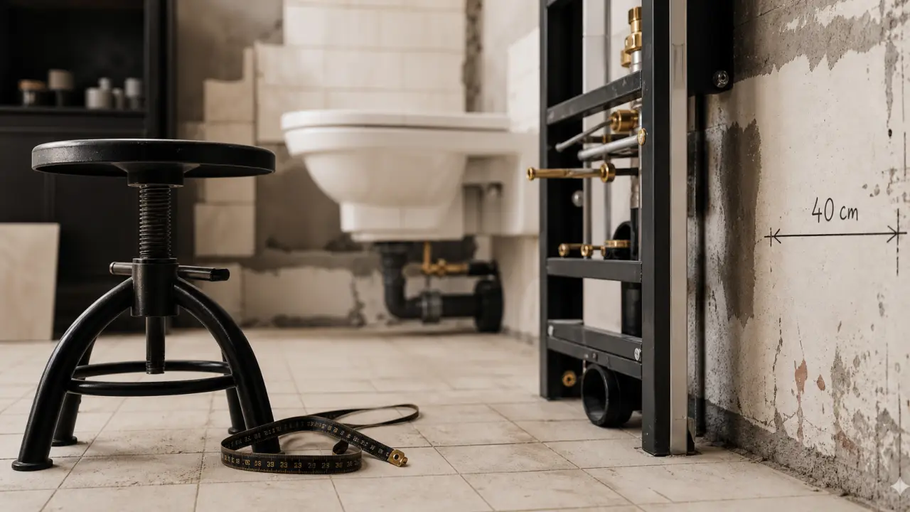 Hauteur toilette suspendu : repère 40 cm WC PMR et enfant sur bâti-support