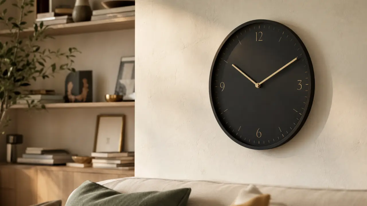 Horloges design métal noir sur mur crème, cadran discret