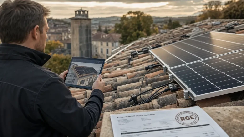 Installateur photovoltaïque RGE Castres mesurant une installation solaire sur toiture