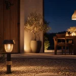 Lampes soleil solaires éclairent jardin au crépuscule