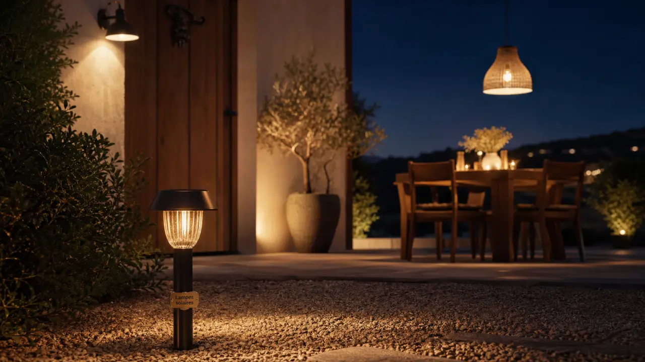 Lampes soleil solaires éclairent jardin au crépuscule