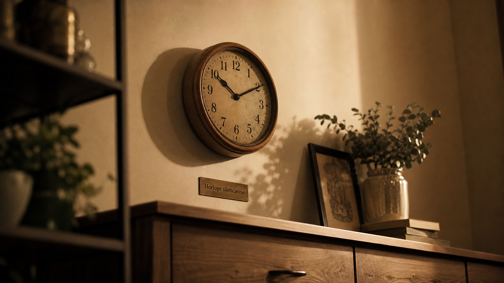 Pendule murale silencieuse vintage en bois clair sur un buffet