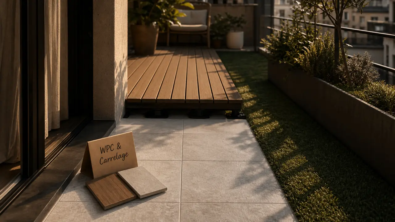 Revetement sol balcon : carrelage antidérapant et WPC sur plots