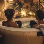 Spa gonflable 4 places avec bulles, jets et 40°C sur une terrasse